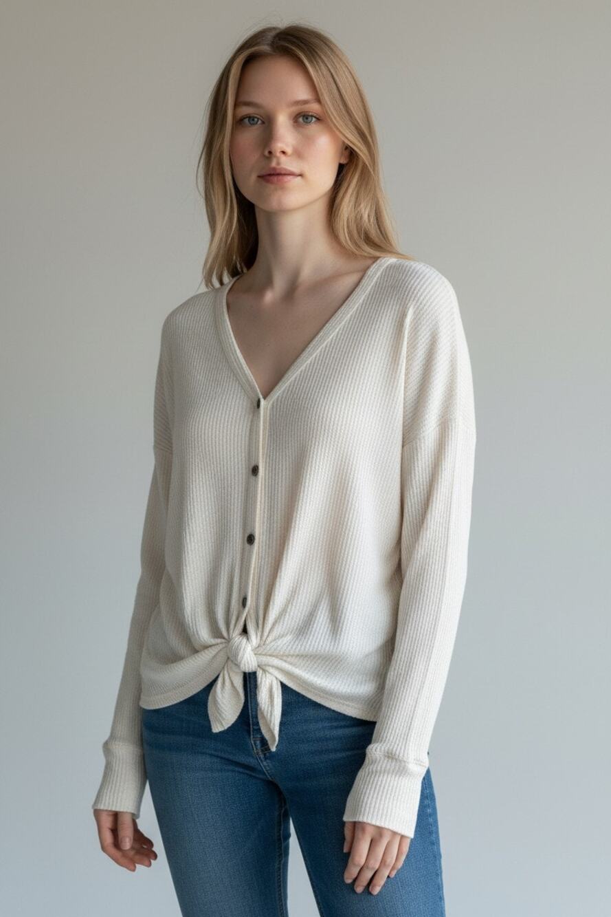 Abercrombie & Fitch Soft AF Cozy Cream Ribbed Knit Tie Front V-Neck Sweater Sz S